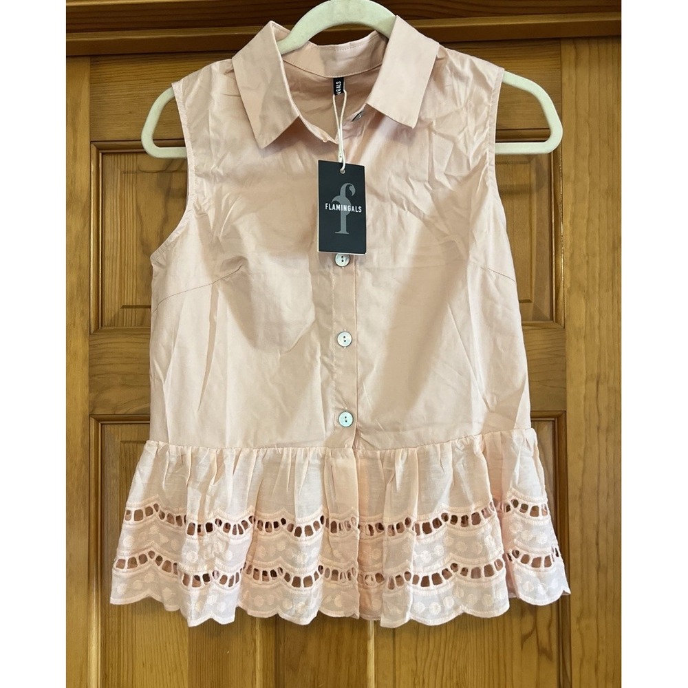Flamingals Women's Button Up Pink Tank Top Eyelet Hem Sz Small 100% Cotton